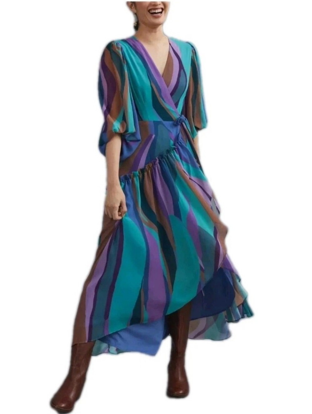 Hutch Multicolor Abstract Vneck Wrap Maxidress Long Ballon Sleeves Tie Waist: Sm